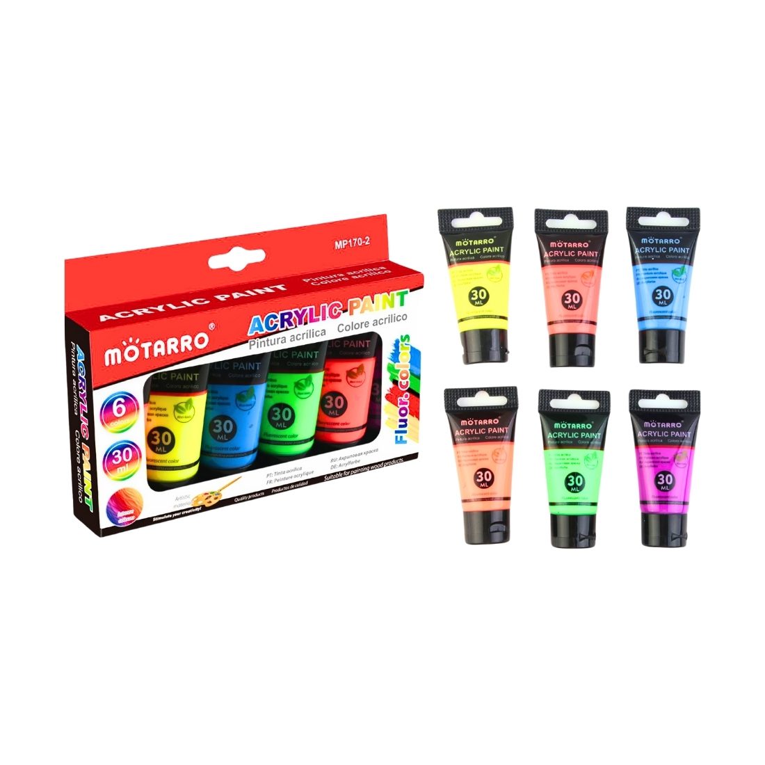 Pinturas Acrílicas Neón Motarro | Set 6 Colores Flúor 30 ml - Imagen 2