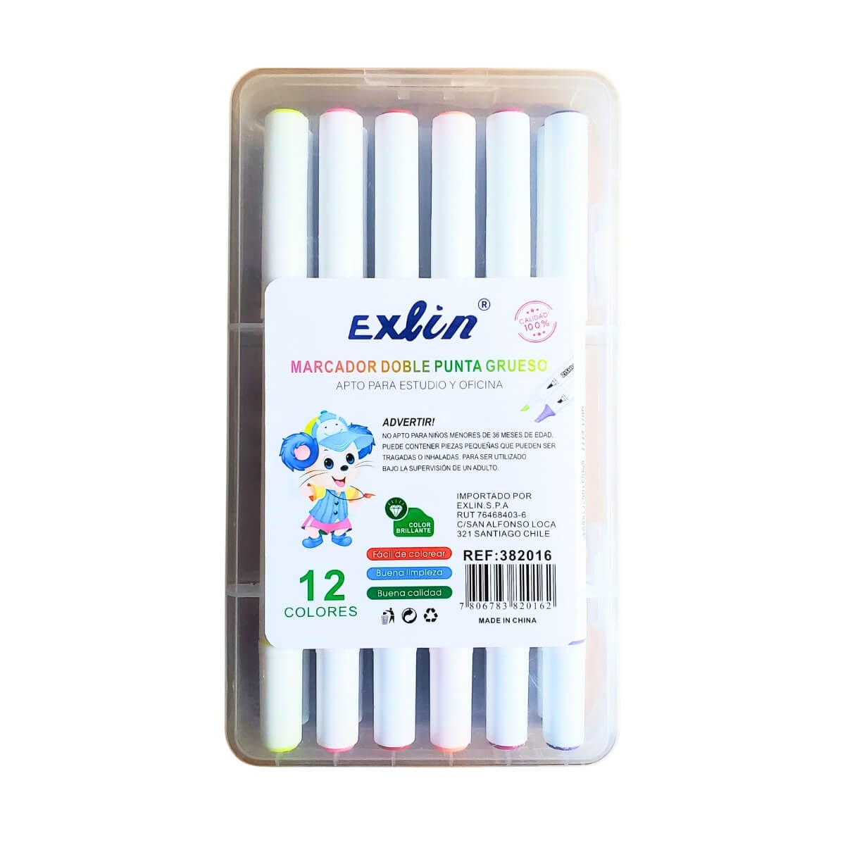 Empaque frontal de marcadores Exlin doble punta 12 colores