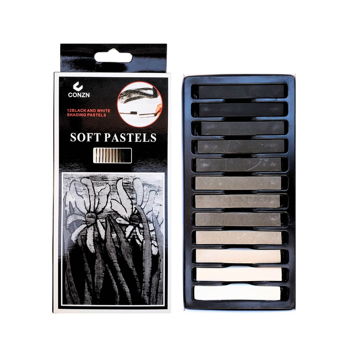 caja con 12 pasteles secos suaves en blanco, negro y escala de grises