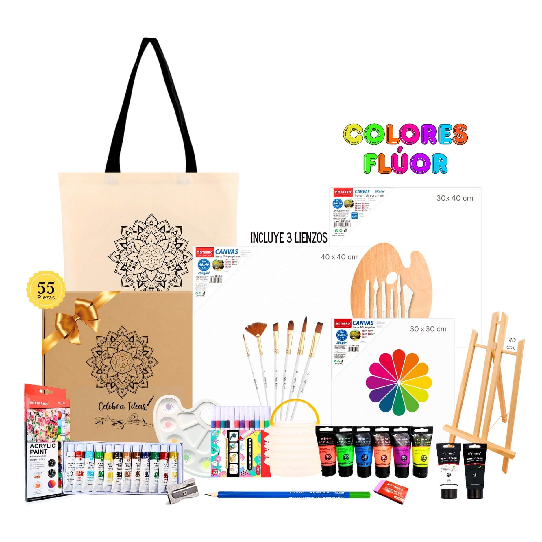 Set de arte acrílicos 55 piezas con 6 colores flúor, 2 pinturas extra y 3 bastidores