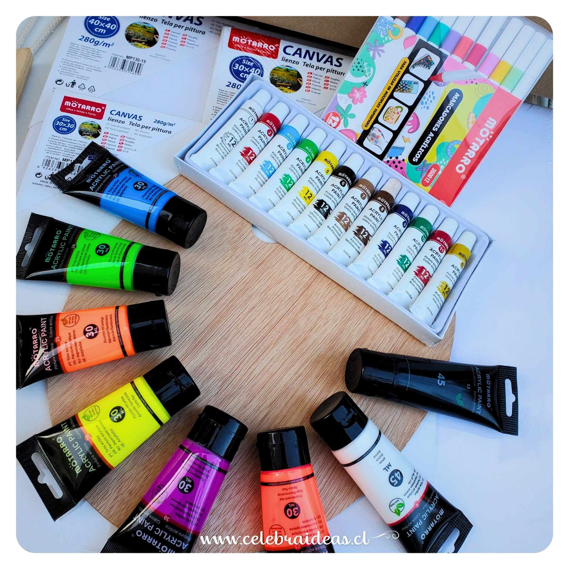 Set de Arte kit Acrílicos con 6 Colores Flúor y Bastidores - Imagen 7