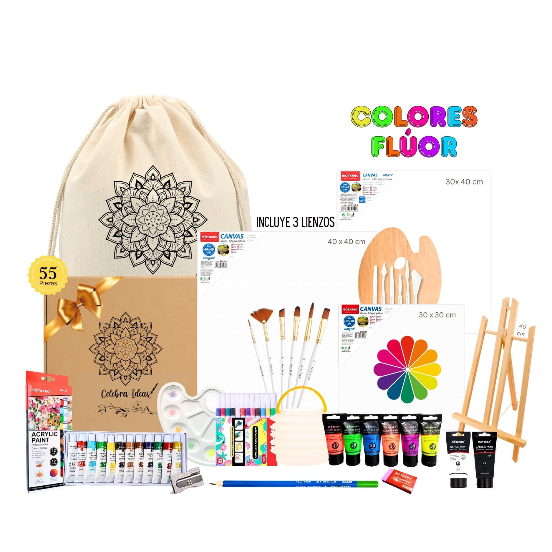 et de arte acrílicos 55 piezas con 6 colores flúor, 2 pinturas extra y 3 bastidores