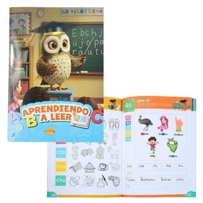 Libro didáctico infantil Aprendiendo a Leer, abierto mostrando actividades escolares de caligrafía y sílabas con las letras CH y Ñ para niños.